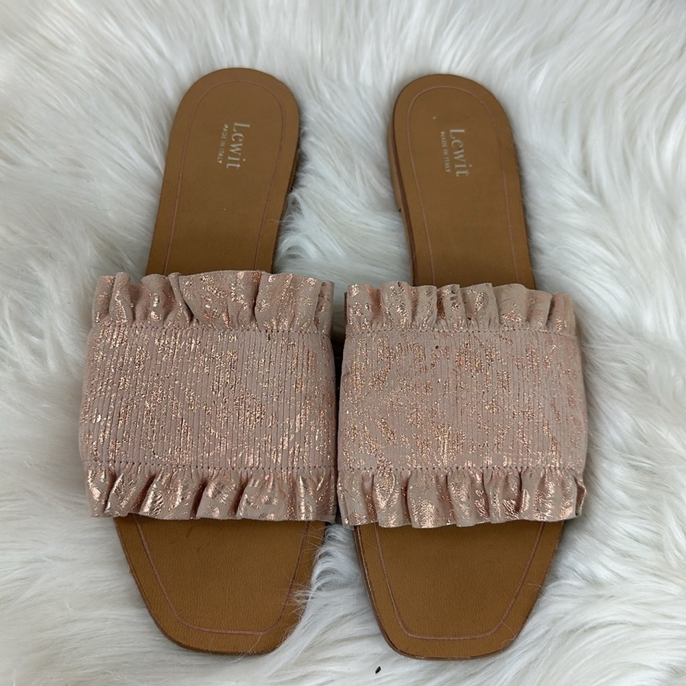 Lewit Cassandra Ruffle Pink Blush Rose Gold Leather Slide on Flats 7.5 - Picture 3 of 7
